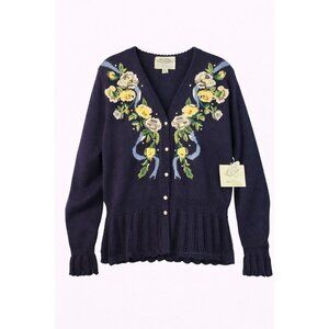 Floral Embroidered Petite Small Navy Cardigan 1994 Susan Bristol Women Deadstock